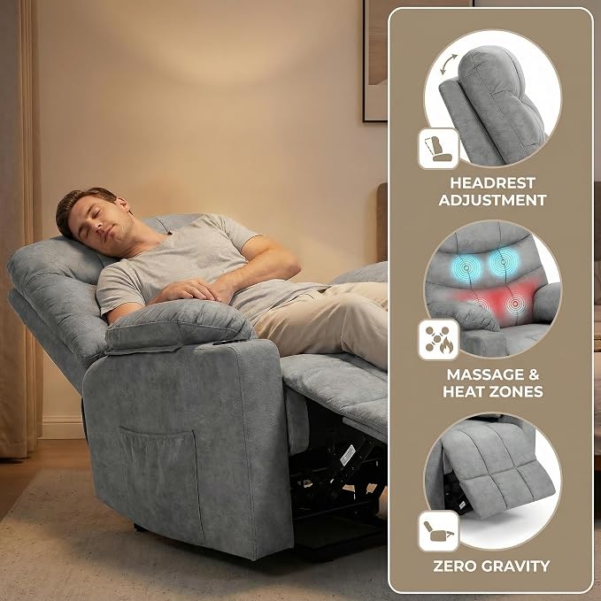 Electric Power Lift Recliner Chair for Elderly, Lift Recliner Chair with Massage and Lumbar Heat, 150° Reclining Chair with Cup Holders, Side Pockets and Remote Control, Ideal for Living Room (Grey)