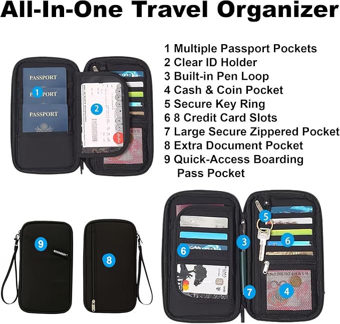 Travel Passport Holder, Water Resistant Travel Document Organizer for Family, Portable Passport Case with Wrist Strap for Travel, Vacation, Business Trip