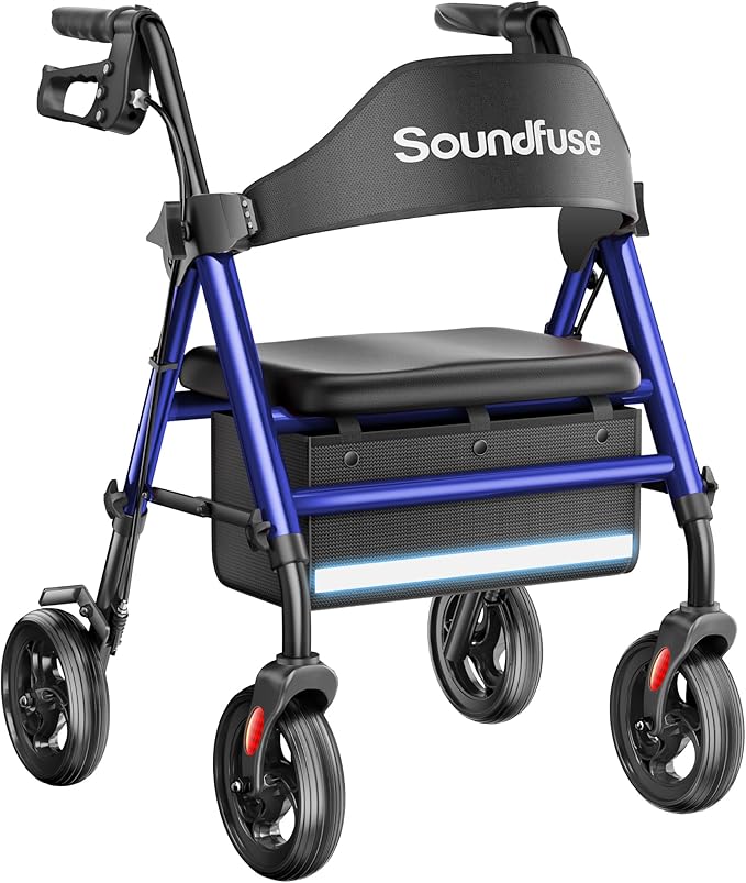 Rollator Walkers with Seat for Seniors, Foldable 8" Big Wheels All Terrain Rolling Walker, Handles and Ergonomic Seat Height Adjustable, 350lb Weight Capacity