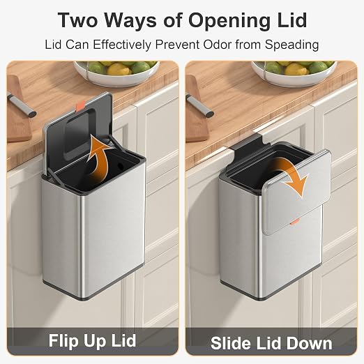 Mbillion 2.1 Gal Silver Hanging Stainless Steel Compost Bin | 8L trash can with lid, cabinet & under sink door mount design, for kitchen, RV and bathroom food waste storage