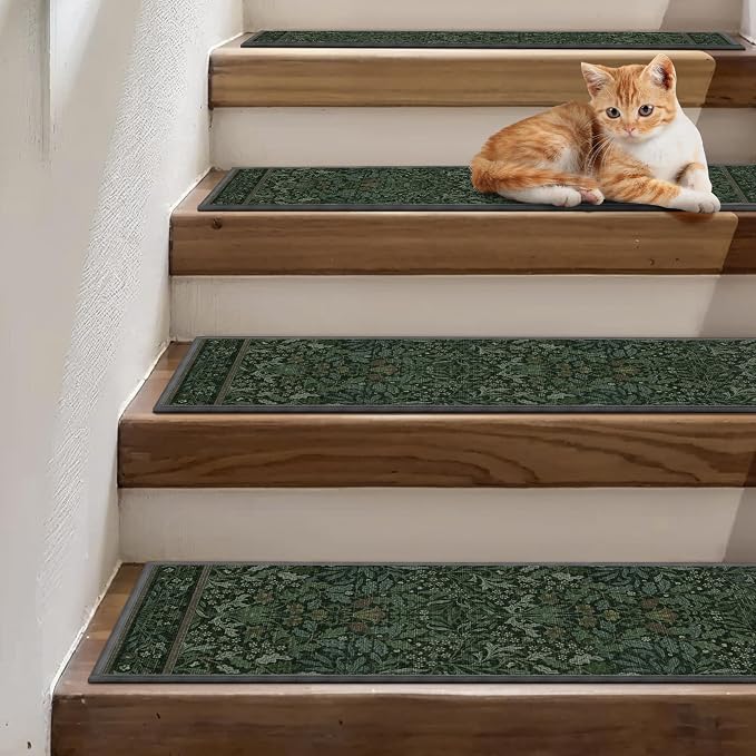 sarben 8"x30" Non Slip Stair Treads for Wooden Steps 15Pk, Dark Sage Green | Peel and Stick Carpet Stair Runner with TPE Adhesive Backing, Carpet for Added Safety, Pet and Senior Friendly