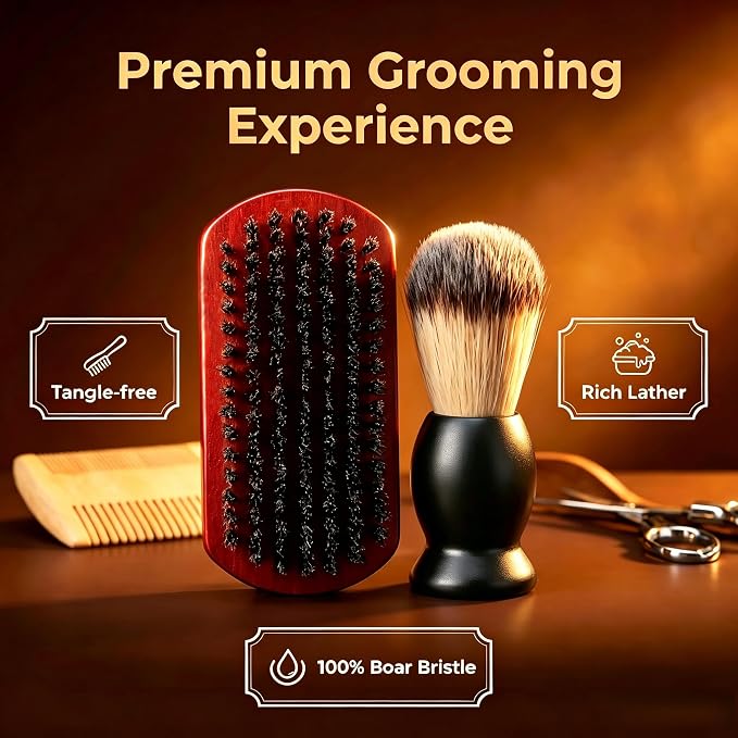 Beard Brush, Shaving Brush, Beard Comb, Beard Scissors Set | Beard Brush Set with 100% Boar Bristle Walnut Wood Beard Brush, Shaving Brush & Foldable Scissors, Gift for Men