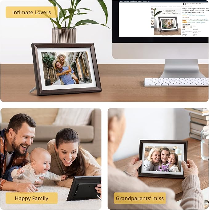 Dragon Touch Digital Picture Frame WiFi 10 inch IPS Touch Screen Digital Photo Frame Display, 32GB Storage, Auto-Rotate, Share Photos via App, Email, Cloud, Classic 10 Brown, PUUDUU