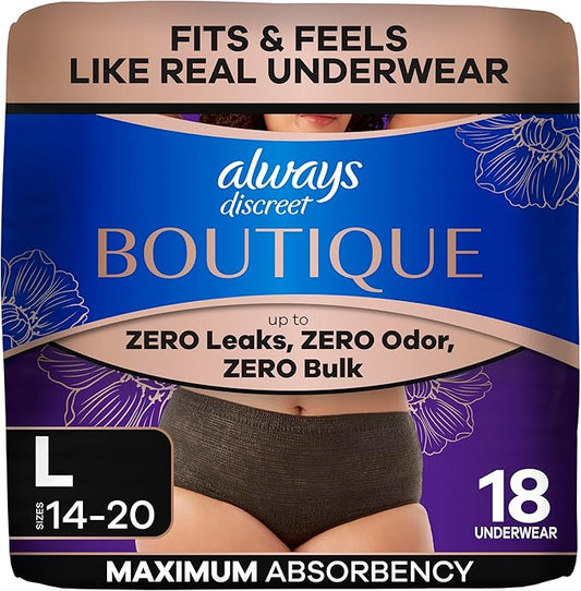 Always Discreet Boutique Incontinence and Postpartum Underwear for Women, Maximum Protection, Large, Black, 18 Count