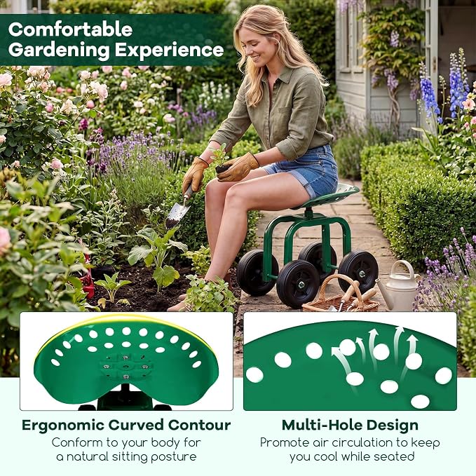 Goplus Garden Cart with Wheels, Utility Stool Cart w/Adjustable 360 Degree Swivel Seat, Outdoor Lawn Yard Rolling Work Seat, Garden Scooter for Planting (Green)
