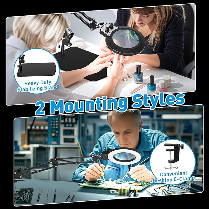 KIRKAS 12X Magnifying Glass with Light and Stand, 2-in-1 Any Color Modes & Stepless Brightness Magnifying Desk Lamp with Clamp, LED Magnifier with Light for Crafts Jewelry Painting Sewing Close Work