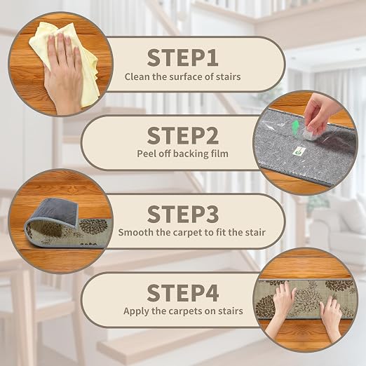 Non Slip Stair Treads for Wooden Steps, 4 Pack 8"x30" Washable Carpet | 8x30 in soft chenille polyester stair treads with reusable TPE backing for indoor wood stairs, dogs, kids, and seniors