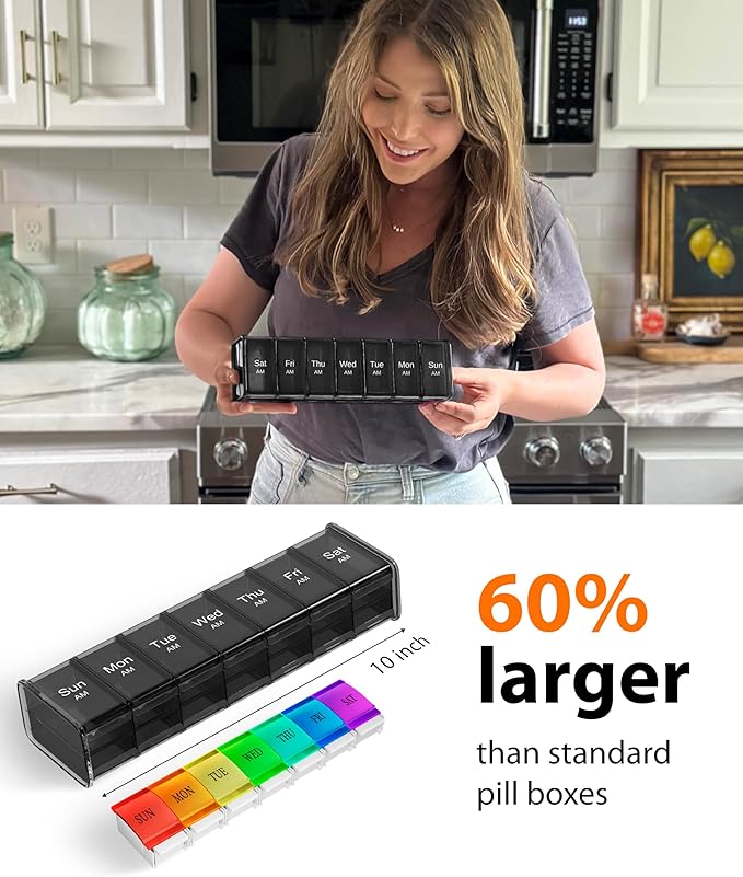Extra Large Pill Organizer - XXL Vitamin Holder for Weekly Supplements - Double Sided Pill Box 7 Day with Big AM PM Compartments Huge Daily Medicine Dispenser 2 Times a Day Reliable and Easy-to-Use