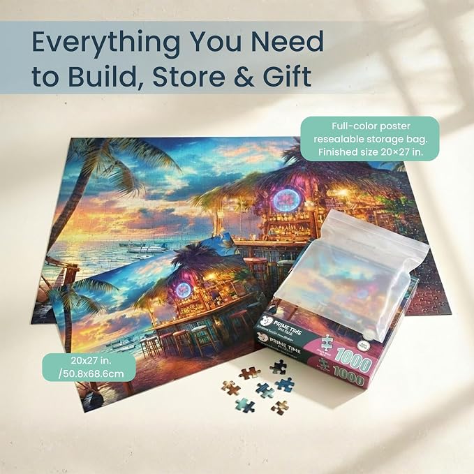 Adult Jigsaw Puzzle Beach Bar at Sunset 1000 | Island Escape. Challenging 1000-piece design. Great for game nights on a table, puzzleboard, or floor.