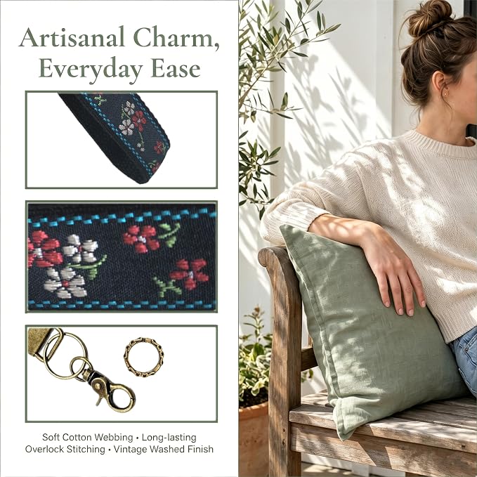 Boho Vintage Embroidered Floral plant Wristlet Keychain for Women | Cute Lanyard&Antique Brass Clasp, Lightweight Hands-Free Key Holder for keys,purses,handbags and daily outdoor use for ladies