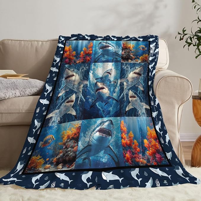 Yibuda Shark Blanket Ocean Underwater Flannel Plush Throw Blanket Cozy Nautical Coral Decor Fleece Stuff Blanket Gifts for Lover Girls Boys Kids Adults Women Bed Travel 50"x60"