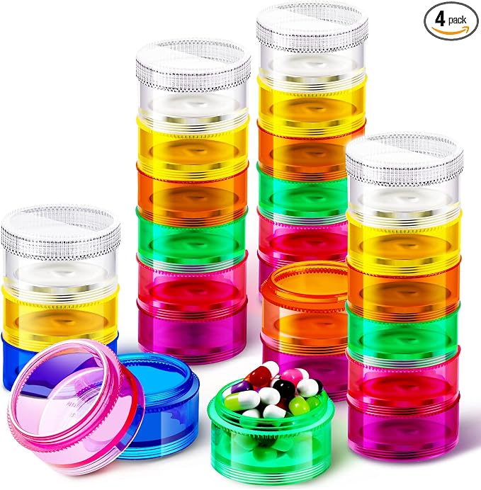 Sieral 4 Pieces 7 Days Stackable Pill Organizers 7 Compartments Round Pill Boxes Tower Weekly Vitamin Individual Storage Containers Travel Cases with Lids for Medications, Vitamins and Supplements