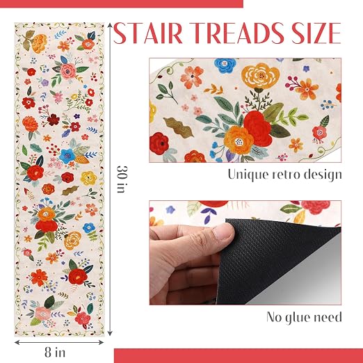 Breling 15 Pcs Wildflower Stair Treads for Wooden Steps 8x30 Inches Stair Treads Indoor Non-Slip Carpet Runner Decorative Long Rugs Safety Mats for Indoor Carpet Covers Elders and Dogs