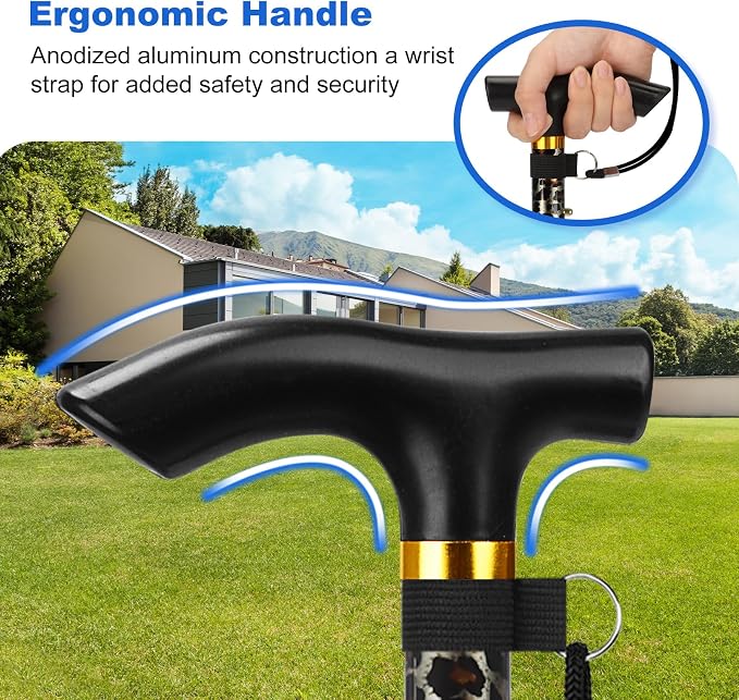 MFE Folding Cane, Portable 5-Level Adjustable Height Walking Stick with Foldable Design, Wrist Strap, and T Handle for Men and Women