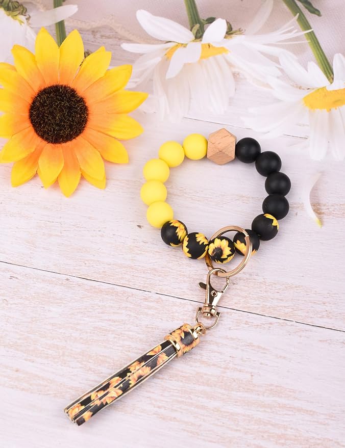 BAOSIWA Silicone Beaded Bracelet Keychain Wristlet Key Ring Bangle Chains for Women with Leather Tassel