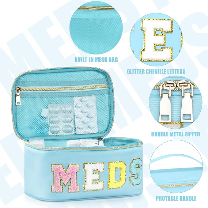 BuyCard Medicines Chenille Letter Bag Nylon Meds Makeup Pouch Preppy Path with Zipper and Handle Cosmetic Toiletry Storage Purse for Women Blue