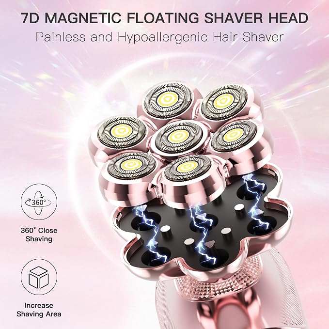 HEBECA 7D Electric Shaver for Women – Upgraded Electric Razor for Women with Rotary Floating Magnetic Head, Detachable and Waterproof, Painless Hair Remover for Legs, Bikini, Face, Sensitive Skin