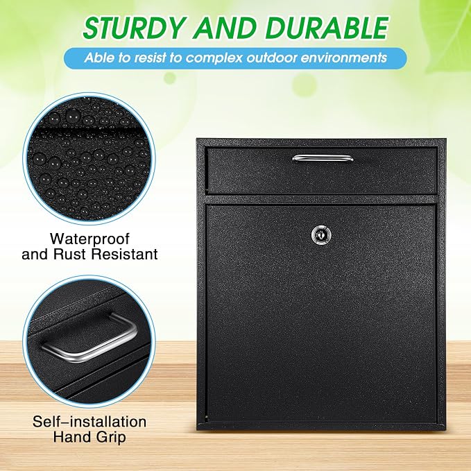 Yaocom Locking Mailbox with Key for Outdoor 12 x 10.5 x 4.7 Inches Large Wall Mount Mail Box with Lock Security Mail Drop Metal Collection Boxes Hanging Secure Postbox(Black)