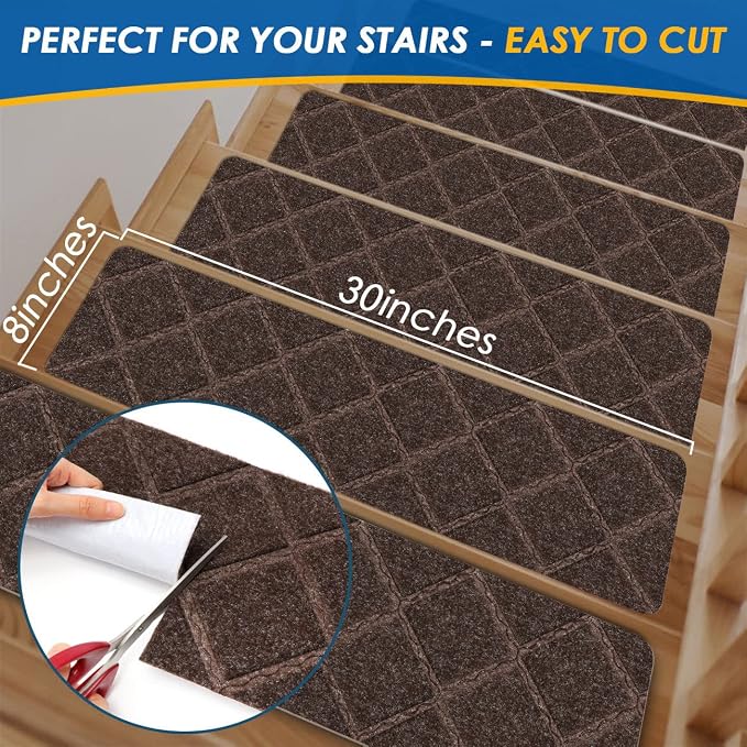 RIOLAND Stair Treads Carpet Non-Slip Indoor 15 PCS Wood Stair Treads Rugs Modern Stair Runners for Kids Dogs, 8" X 30", Diamond Brown