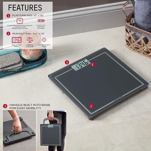 Taylor Digital Bathroom Scale with Handle, Blue Gray Glass Platform, 440 lb Capacity, 12x12 Inch