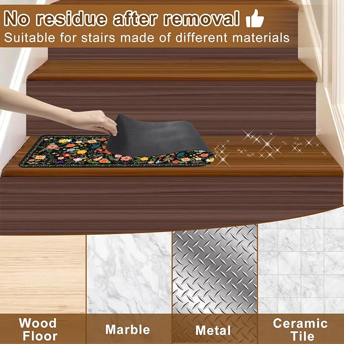 Floral Stair Treads for Wooden Steps Non-Slip 8"X30" 15PCS Flower Stair Carpet Rubber Backing Stair Runner Reusable Stair Rugs Indoor Safety Stair Mats for Elders Kids Dogs Black