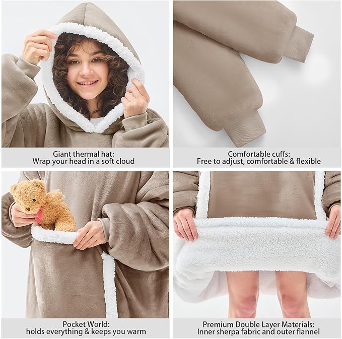 JOYWOO Nude Wearable Blanket Hoodie,Oversized Cat Lovers Sweatshirt Blanket for Adult & Teens,Birthday Gifts for Women Mom Wife Girlfriend,Cozy Sherpa Hooded Blanket Giant Pocket Gifts,Nude Small