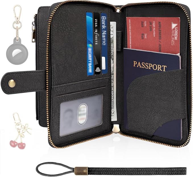 RFID Blocking Passport Wallet, Anti Theft PU Texture Passport Pouch with Tracker Case, Travel Document Organizer Zipper Wallet with Wrist Strap & Keychain, Gifts for Women and Men (Black)