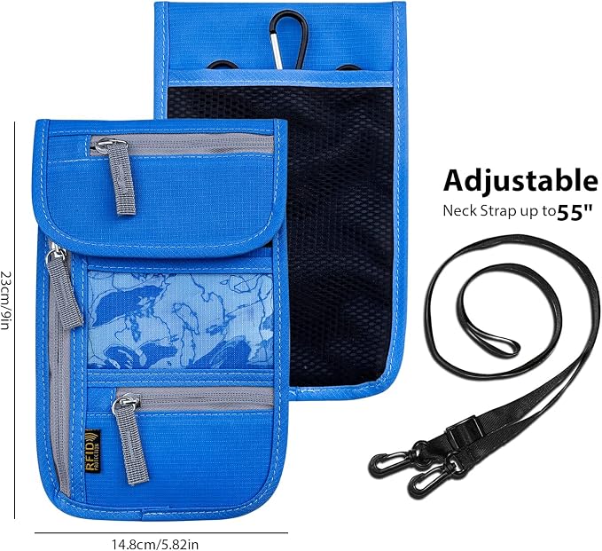 Travel Neck Wallet, RFID Blocking Passport Holder with Adjustable Neck Strap for Men and Women to Keep Cash, Credit Cards and Travel Documents Safe - Navy Blue