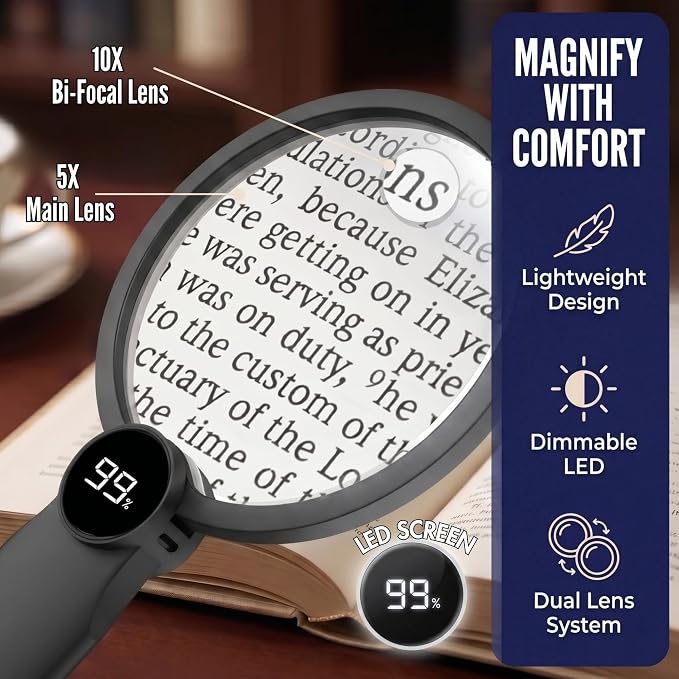 MAGNIPROS Hands-Free Magnifying Glass with Light for Seniors, 5X/10X Rechargeable GooseNeck Magnifier, 3 Color Light Modes, LCD Display, Reading, Sewing, Crafts