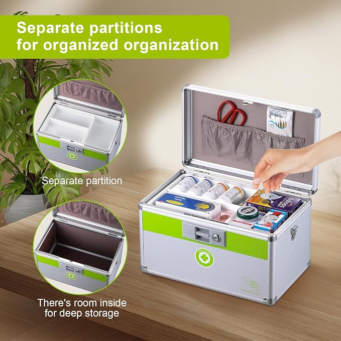 Medicine box with lock 15.9 x9.3X 8.9 inches [Extra Large] | Medication Lock box ，First Aid Key Safe Box with Lock, Medical Box Organizer