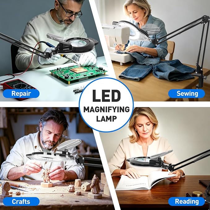 KIRKAS 12X 30X LED Magnifying Lamp with Clamp, 2,200 Lumens Dimmable Bright | 28in Adjust Swivel Arm Magnifying Glass with Light for Repair Reading Craft Needlework Hobby Workbench Magnifier Dust Cover