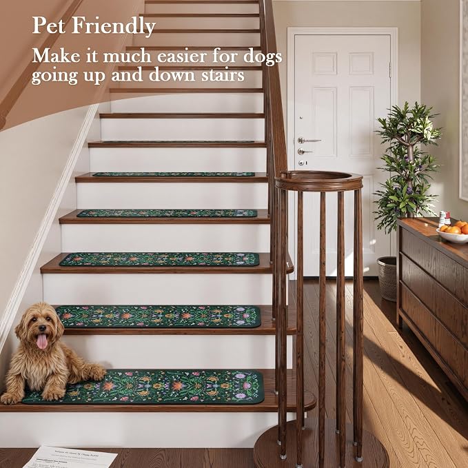 OJIA Stair Treads Non Slip Stair Runner for Wooden Steps Indoor 15PC 8"x30" | Rubber Backing Floral Carpet Stair Treads for Wood Stairs Staircase Step Treads for Kids & Dogs, Stair Covers, Green
