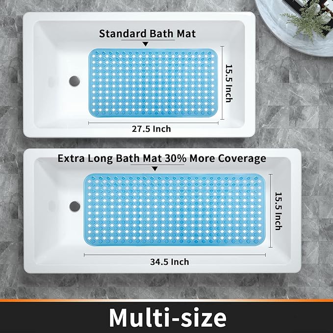 Yimobra Non Slip Bath Mat, Super Strong Suction Cups,34.5"x15.5"Long Tub Mat with Drain Holes, Machine Washable Fast Draining Shower Mats, Bathroom Essentials,Clear Blue