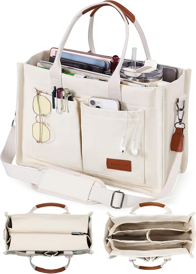 FIORETTO Canvas Tote Bag for Women with Zipper Closure & Individual Compartments for Work College for Teacher & Nurse