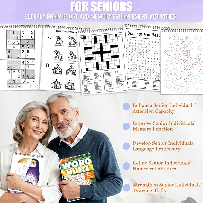 Vashly Large Print 300+ Memory Activities for Seniors: 5-in-1 Set Brain Exercise Books with Sudoku, Crossword, Word Hunt, Dot to Dot, A4 Thick Paper Spiral Bound, Gift for Elderly Adults
