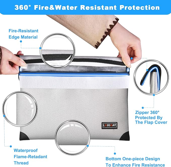 Waterproof Fireproof Document Bag - 5200°F with Heat Insulated, fireproof bags with Zipper, Fire Safe Envelope Bag for Cash/Important Documents/Valuables, 13.9"x10.6" fire proof money bag