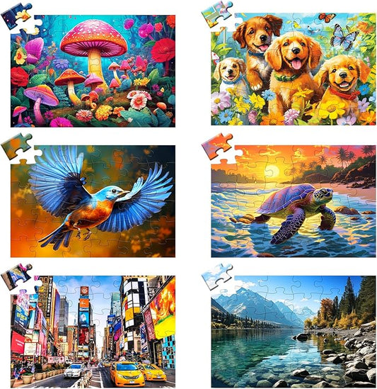 36 Large Piece Puzzles for Seniors 6 Pack,Dementia Puzzles Turtle Dog Bird Mushroom Beach Lake Jigsaw Puzzle Dementia Alzheimer's Products and Activities for Seniors Elderly Adult