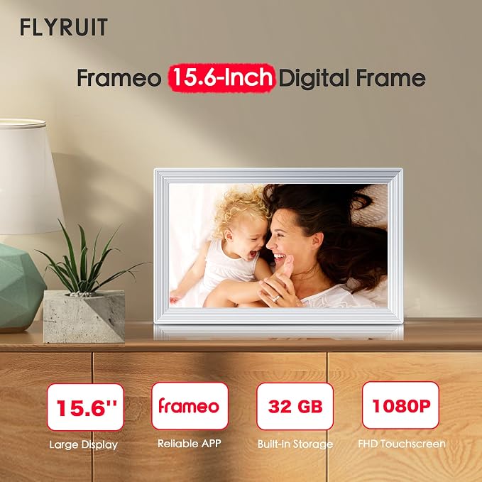 Frameo 15.6" Digital Picture Frame WiFi, 1920 * 1080 IPS FHD Touchscreen, 32GB Storage, Instant Share Pictures Video, Wall-Mountable & Tabletop Display, House Warming, Gift for Mom