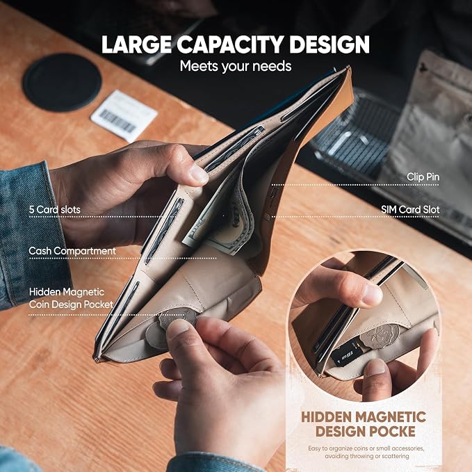 VULKIT Bilfold Passport Holder Leather RFID Blocking Passport Wallet with Hidden Pocket Slim Travel Documents Organizer for Men or Women (Passport, Card, Cash, Coin, SIM Card, Ticket)