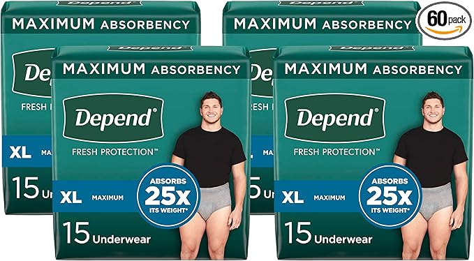 Depend FIT-Flex Incontinence Underwear for Men, Maximum Absorbency, Disposable, Extra-Large, Grey, 15 Count (Pack of 4)