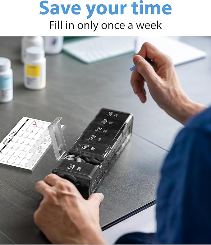 Extra Large Pill Organizer - XXL Vitamin Holder for Weekly Supplements - Double Sided Pill Box 7 Day with Big AM PM Compartments Huge Daily Medicine Dispenser 2 Times a Day Reliable and Easy-to-Use