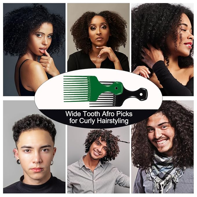 SIMPOR 2 Pcs Hair Pick Comb Wide Tooth Lift for Hair Styling Detangling, Plastic Afro Pick for Women Men, Fist Picks for Curly and Afro Hair (Black, Green)