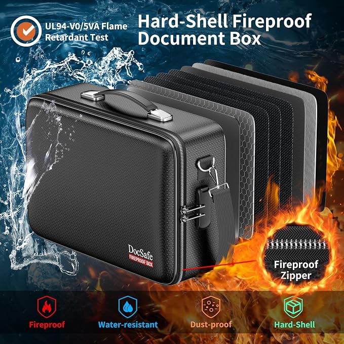 DocSafe Fireproof Document Box with Lock＆Shoulder Strap, Hard-Shell Case File Organizer with Accordion File Folder, Multi-Layer Portable Home Office Travel Safe Storage for Important Documents Laptop