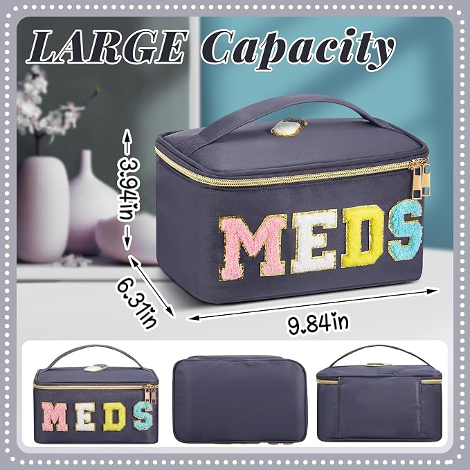 Geetery Clear Makeup Bag Chenille Letter Meds Bag Travel Cases Preppy Patch with Zipper, Portable Cosmetic Toiletry Storage case for Women (Meds,Gray)