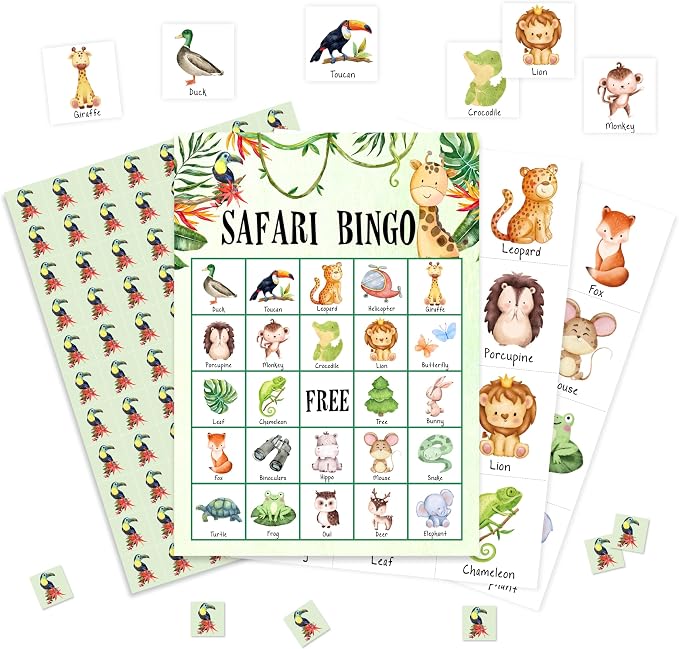 Safari Jungle Bingo Game Cards, Jungle Animals Bingo Games for Adults, Tropical Bingo Cards Supplies, Palm Leaves Birthday Party Decor Favors, Card Gifts for Friends Family Holiday, 06