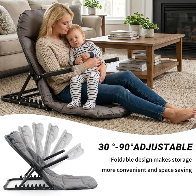 Adjustable Lifting Bed Backrest with Armrests, 7-Level Folding Sit Up Support, Portable Multifunctional Bed Chair with Pillow for Neck Head & Lumbar Support for Elderly Patients Reading Resting