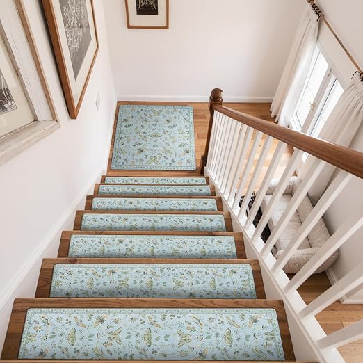 OJIA Stair Treads Non-Slip Landing Mat for Wooden Steps 31"x31" Stair Rugs | Square Capet Stair Treads Rubber Backed Stair Runner Anti-Slip Matching Mat Stair Rugs Carpet for Stairs Blue