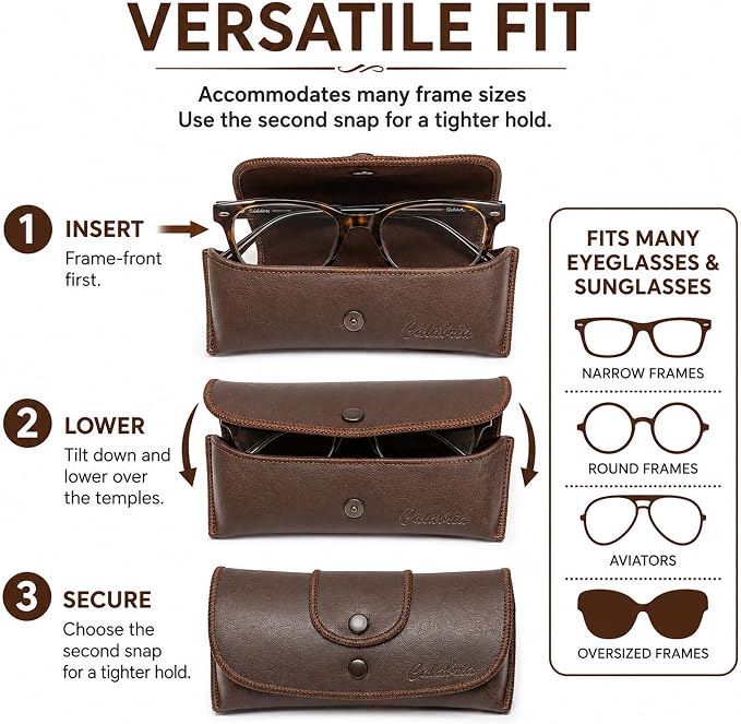 Calabria Double Snap Belt Loop Eyeglass Case PU Leather Brown Old School Vintage Eye Glasses Pouch Semi-Hard Sunglass Holder - 50PACK