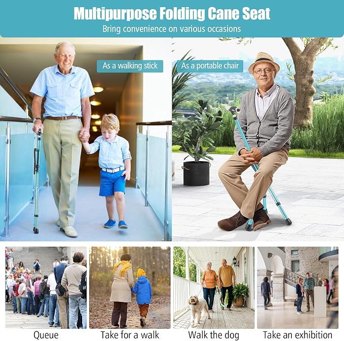 Goplus Walking Cane with Seat, Heavy Duty Aluminum Alloy Crutch Chair with LED Light and Retractable 3 Legs, Portable Anti-Slip Seat Cane, Lightweight Walking Stick for Seniors Elderly