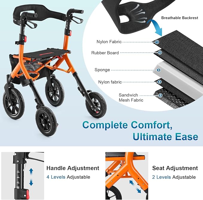 Rollator Walker with Seat, Tall Walkers for Seniors, 12" Big Rubber Wheels All Terrain Rollator Walker with Backrest, Built-in Cable, Foldable and Dual Adjustable Height for 5.3-7ft, Orange